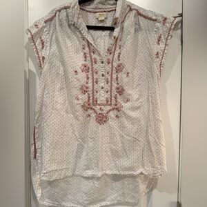Anthropologie White Sleeveless Cotton Tunic with Rust Embroidery